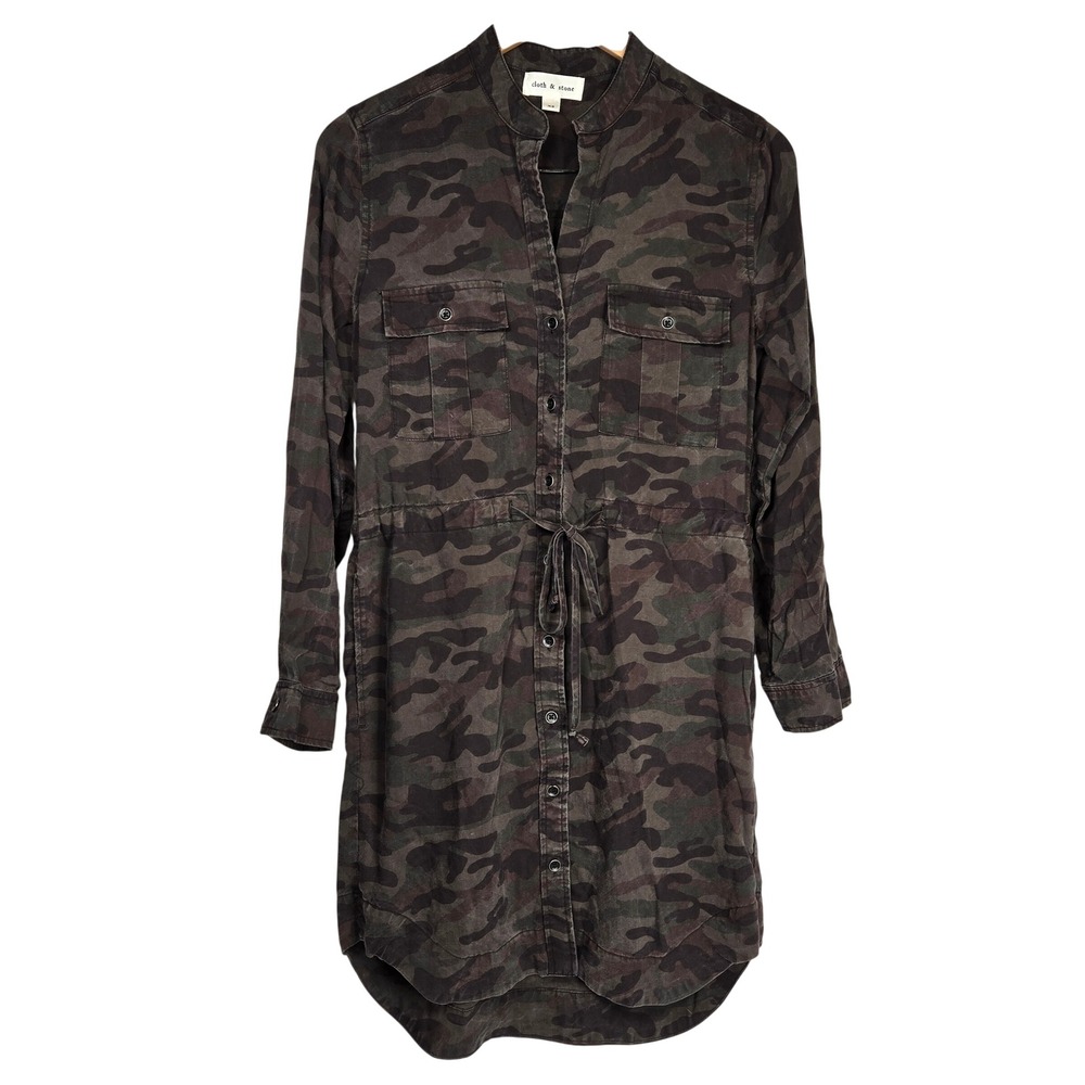 Cloth & Stone Dark‎ Camo Tencel Lyocell Button Down Shirt Dress XS C8580-X17-370